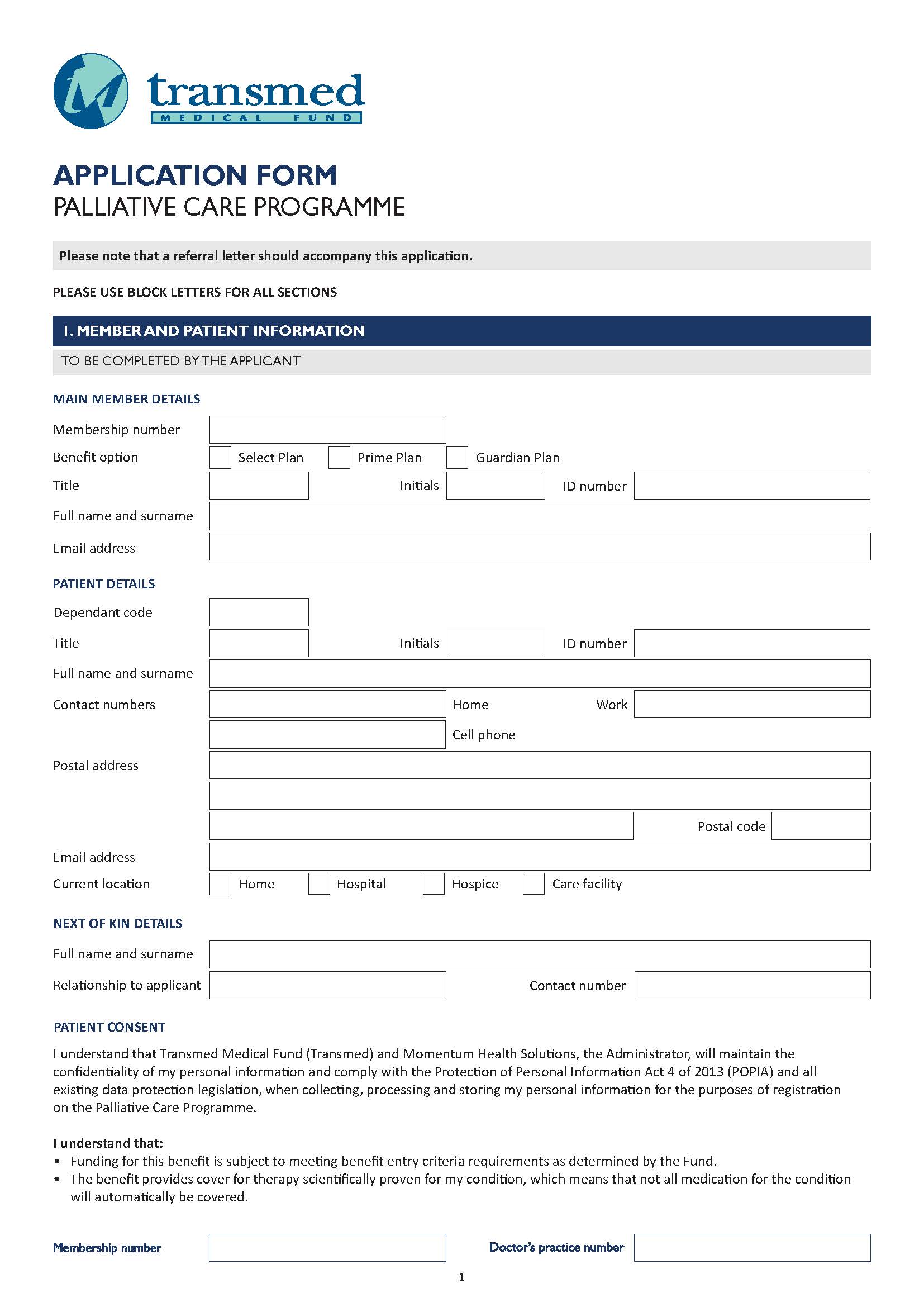 Palliative Care Programme application form